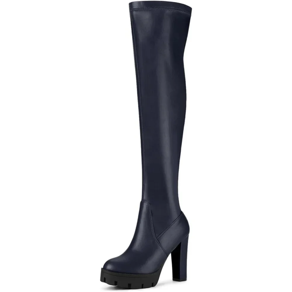 Women's Navy Blue Platform Boots Chunky Heel Over Knee High Rounded Toe Boots